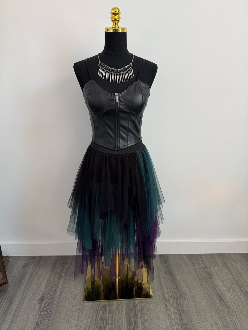 Black Layered High-Low Tulle Skirt with Teal & Purple Accents